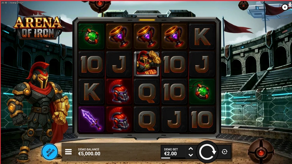 Arena of Iron slot machine interface with robotic gladiator theme